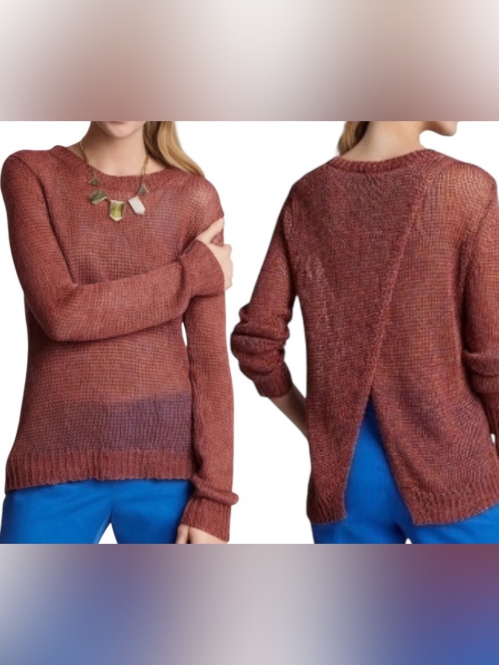 THEORY Adoncia Astra Knit Mesh Open Back Linen Sweater Dark Cranberry Sz M